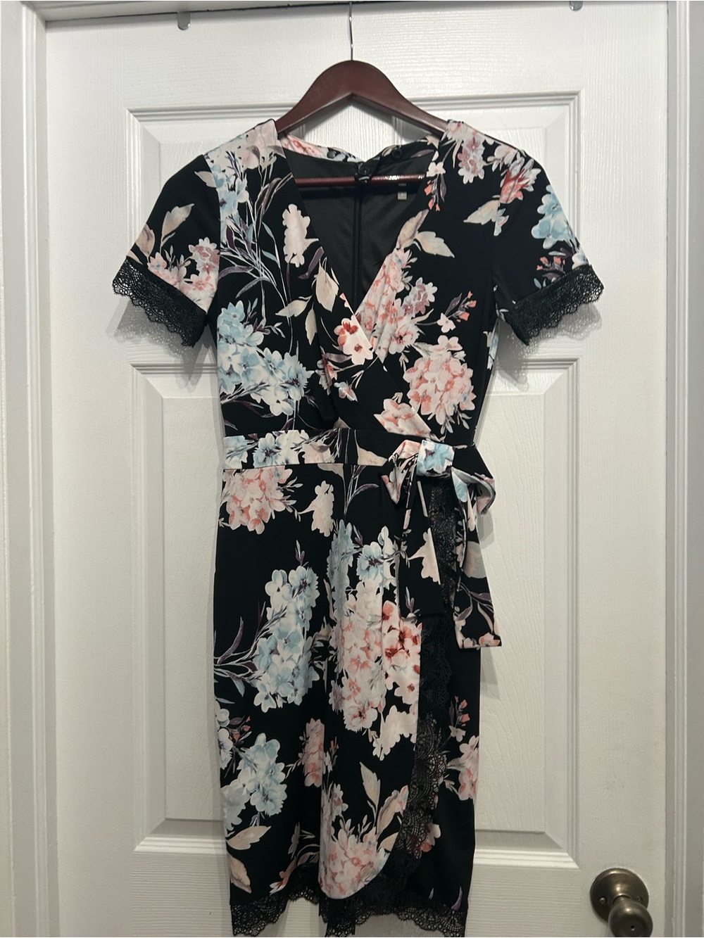 Karl Lagerfeld Black Floral Wrap Mini Dress with Pink & Light Blue Blooms